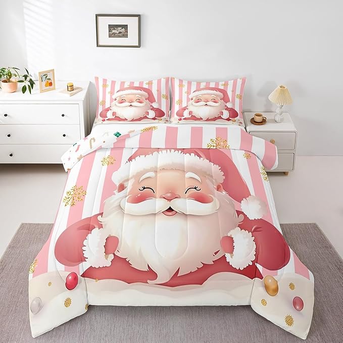 Feelyou Merry Christmas Decorations Queen Size Comforter Set Santa Claus Bedding Set Pink Quilt Set Soft Warm Lightweight Duvet Set