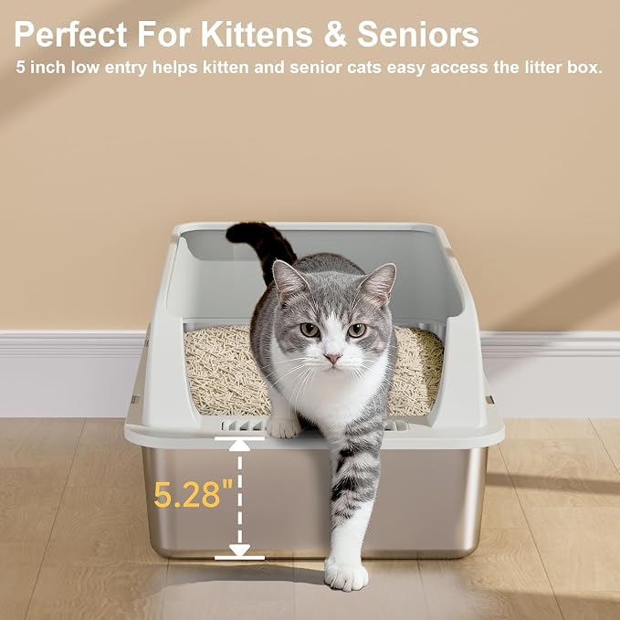 TENTIZON Large Stainless Steel Cat Litter Box, Open Top Metal Kitty Litter Tray - Image 6