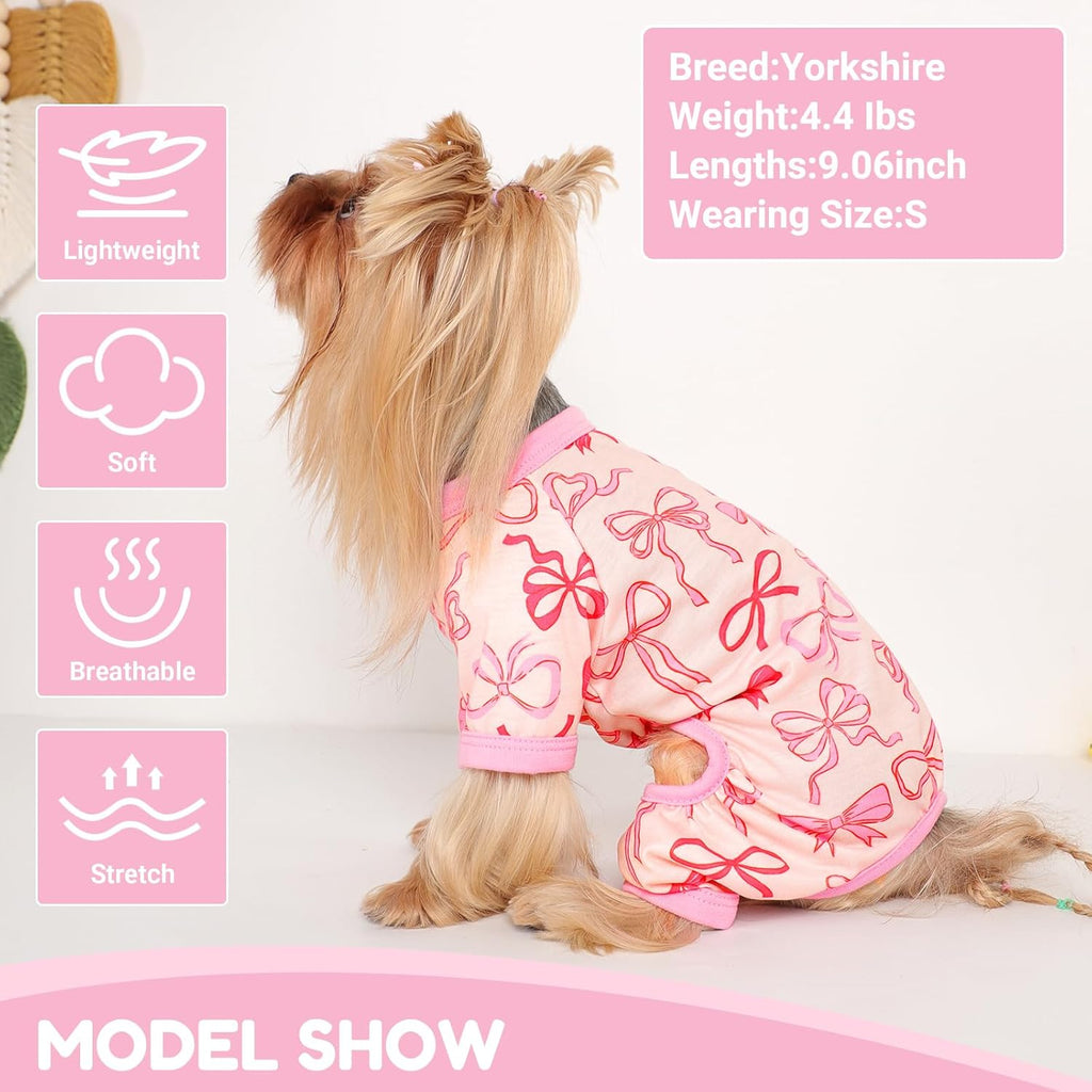 Dog Pajamas Small Sized Dogs Stretchable Summer Dog Clothes Pjs 4 Legs Girl Boy Cute Soft Puppy Outfits Doggie Cat Jammies Jumpsuit Sleeper for Pet (Bow Tie, Medium)