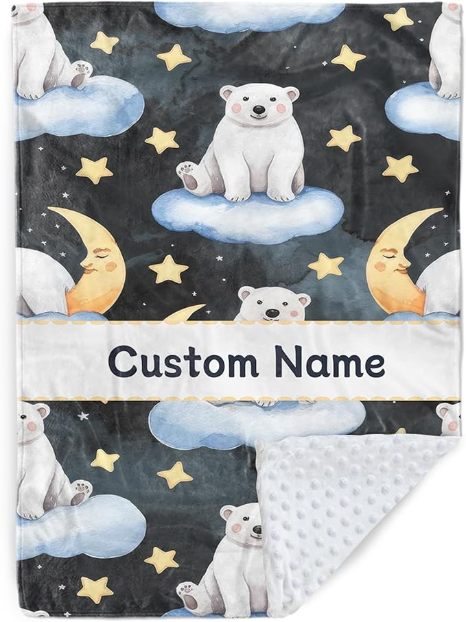 Custom Baby Blanket with Name, Double Layer Soft Dot Back Personalized Baby Blanket for Boys Girls, Polar Bear Blanket for Newborn Toddler, Customized Swaddle for Kids Birthday Gifts(30" x40)