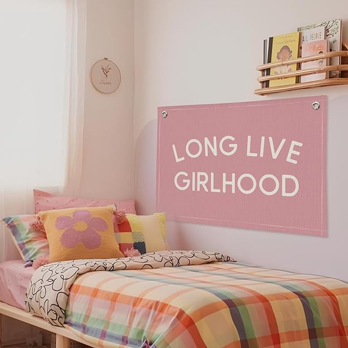 Long Live Girlhood Pink Linen Canvas Wall Banner, Girls Nursery Decor, Toddler Room Wall Hanging, Inspirational Canvas Art, Playroom Sign, Baby Girl Gift Idea 20x30 Inch
