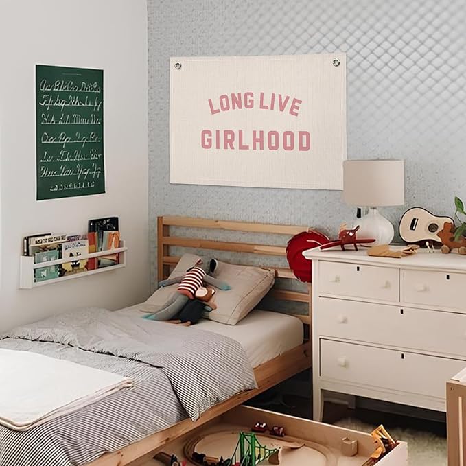 Long Live Girlhood Banner, Girls Baby Nursery Decor, Toddler Girl Room Decor, Pink Girls Room Wall Decor, 30x20 Inch Linen Wall Hanging Canvas Banner Flag - Pink