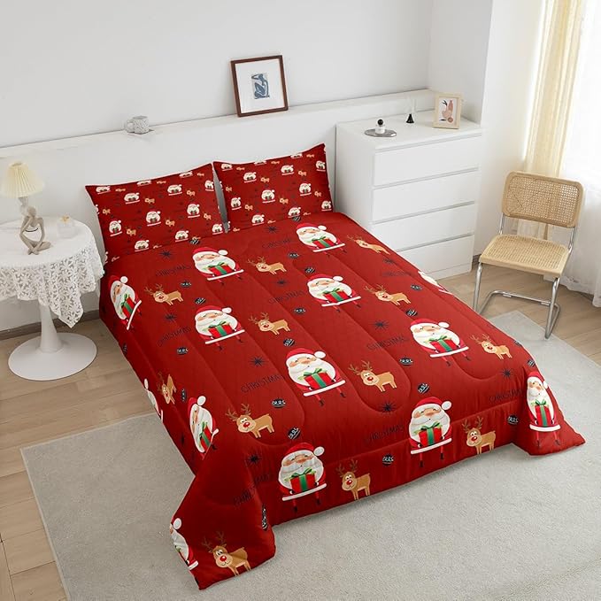 Feelyou Santa Claus Comforter Set Christmas Deer Decorations Bedding Set for Kids Boys Girls Winter Snowflake Comforter Merry Christmas Khaki Red Quilt Collection 3Pcs Queen Size
