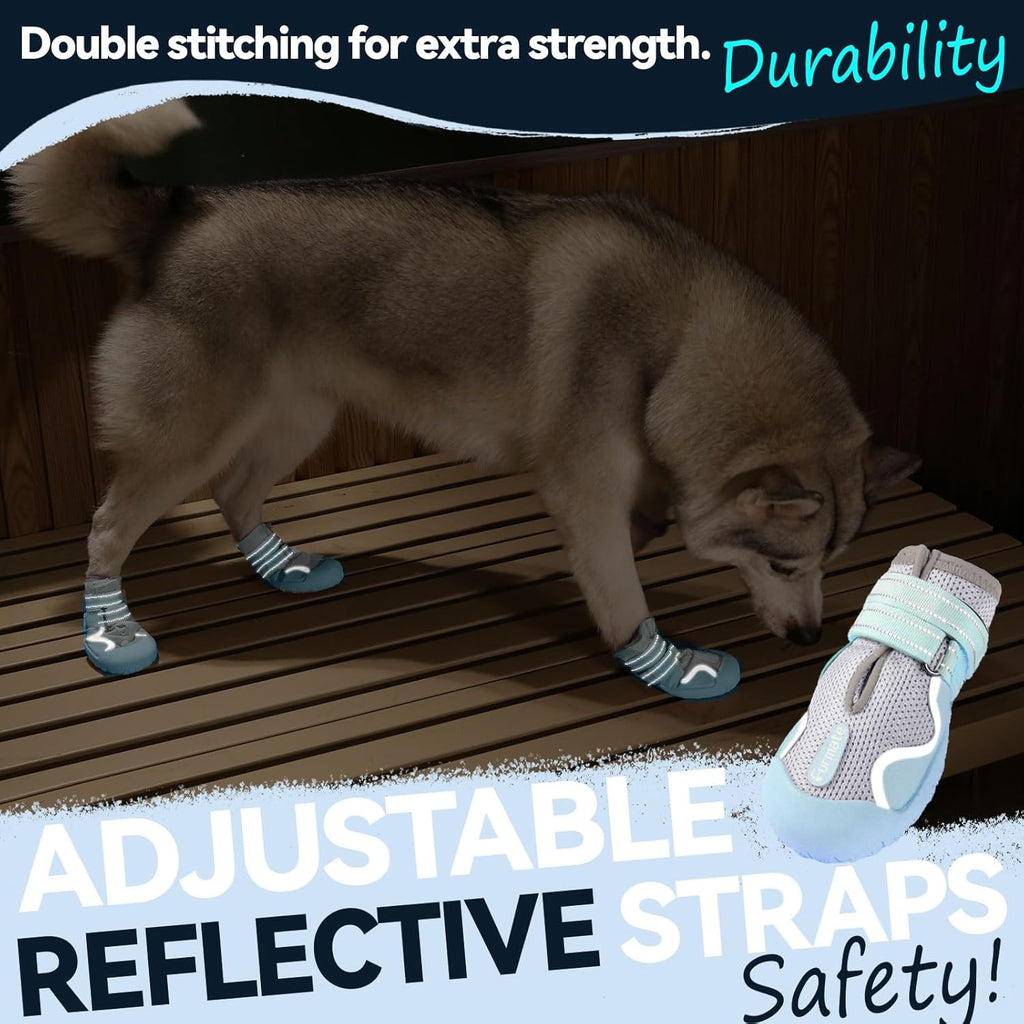 Dog Shoes for Large Small Medium Dogs, Breathable Mesh Dog Boots & Paw Protectors for Summer Hot Pavement Winter Snow, Waterproof Anti-Slip Dog Booties for Hiking Hardwood Floors(Blue-Beige1)