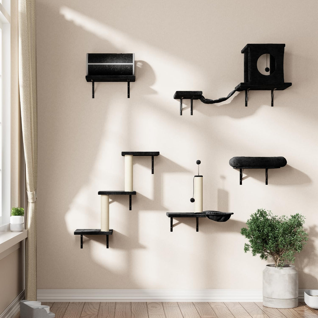 NUNU LAB Cat Wall Shelves Set, 7 Pcs Wall-Mounted Cat Climber with Cat House, Tunnel, Bridge, Scratching Post, Hammock, Wall Shelves, Black