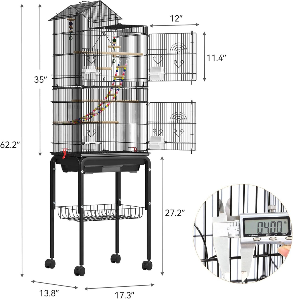 YITAHOME 62 Inch Large Bird Cage - Metal Flight Cage with Rolling Stand, Feeding Doors & Hanging Accessories for Parrots Cockatiels Conures Lovebirds Parakeets Small Birds