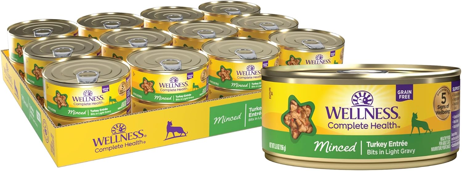 Wellness Complete Health Minced Adult Wet Cat Food, Natural, Protein-Rich, Grain Free, 5.5 Ounce, 24 Pack, (Turkey Entrée)