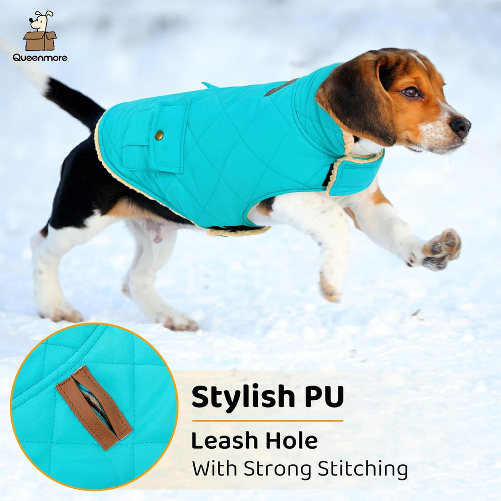 Queenmore Warm Dog Coat, Cold Weather Puffer Dog Coat Vest, Quilting Winter Pet Jacket Ultra Thick Plush Fleece Lining Pet Clothes for Dogs with Storage Pockets (Light Blue, X-Small)