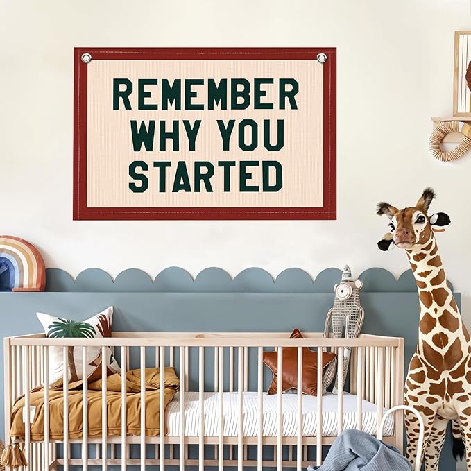 Lacama Inspirational Nursery Kids Room Wall Decor, Remember Why You Started Wall Hanging Canvas Banner, Vintage Motivational Pennant Flag Posters for Kids Boy Girl Bedroom Playroom Decor 30x20 Inch