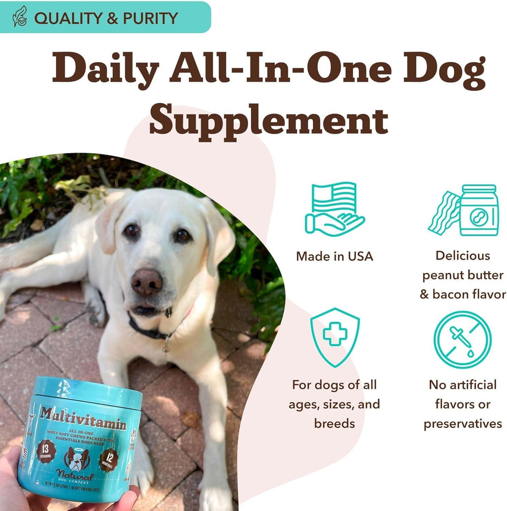Natural Dog Company 25 in 1 Multivitamin for Dogs – Daily Soft Chews with Vitamins, Minerals & Antioxidants, Immune & Joint Support, for All Ages, Sizes & Breeds, Bacon & Peanut Butter – 90 Count
