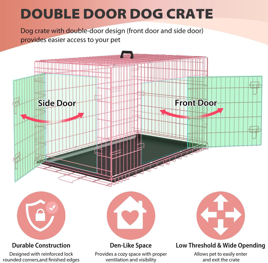 BestPet | Dog Crate | 24" | Pink | Foldable Metal Kennel with Double Doors, Secure Slide-Bolt Latches, Leakproof Tray | Portable Dog Cage for Small Breeds | for Travel, Indoor & Outdoor Use