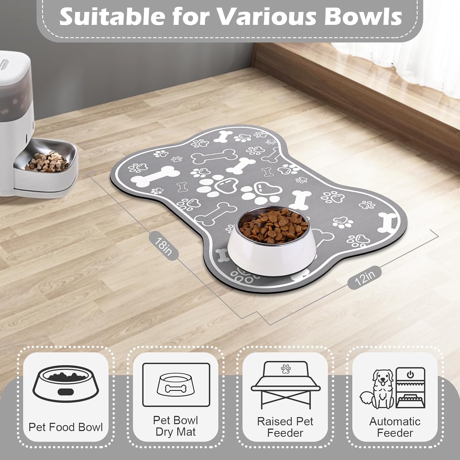 Dog Cat Food Mat,Rapid Absorbent Pet Feeding Mat, Bone Shaped Dog Placemat Water Bowl Mat with Rubber Backing,No Stains Dog Cat Food Mats Indoor, Pet Accessories Supplies 12"x18" Grey