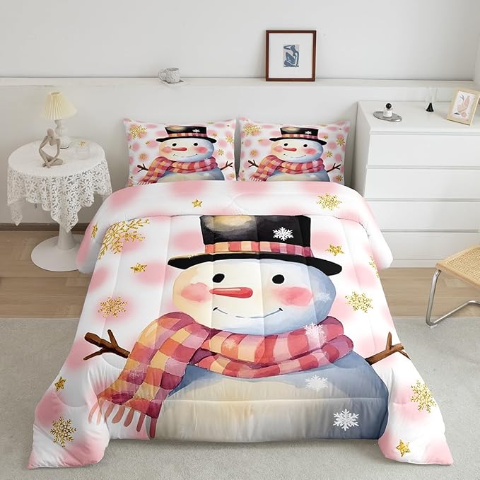 Feelyou Kids Merry Christmas Decorations Queen Size Comforter Set Xmas Snowman Bedding Set Pink Quilt Set Soft Warm Lightweight Duvet Set