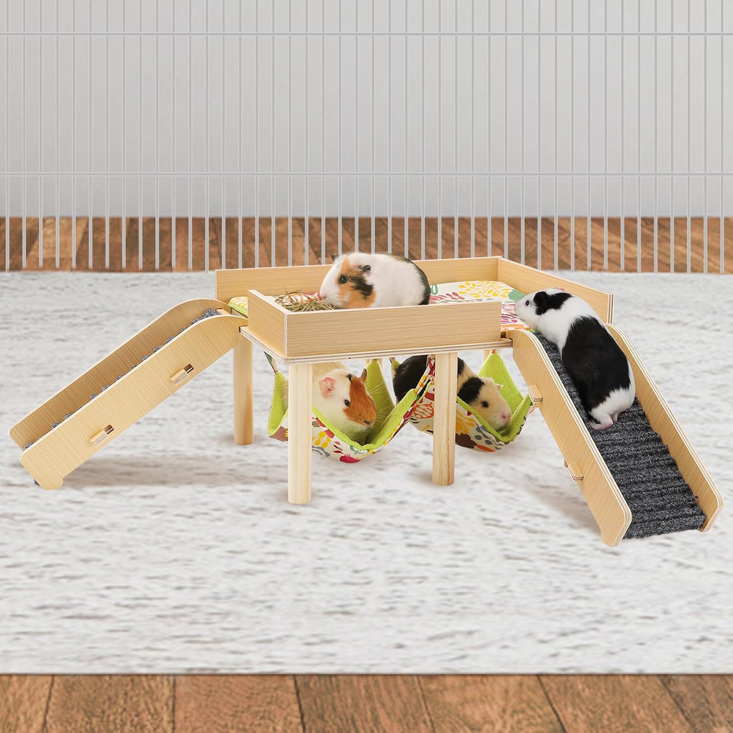 MEWTOGO Guinea Pigs Hammock with Platform, Wooden Guinea Pig Hideout with Stairs, Safe and Durable Small Pet Bed for Piggies Chinchilla Rat Hamster Bunny (Double Hammocks)