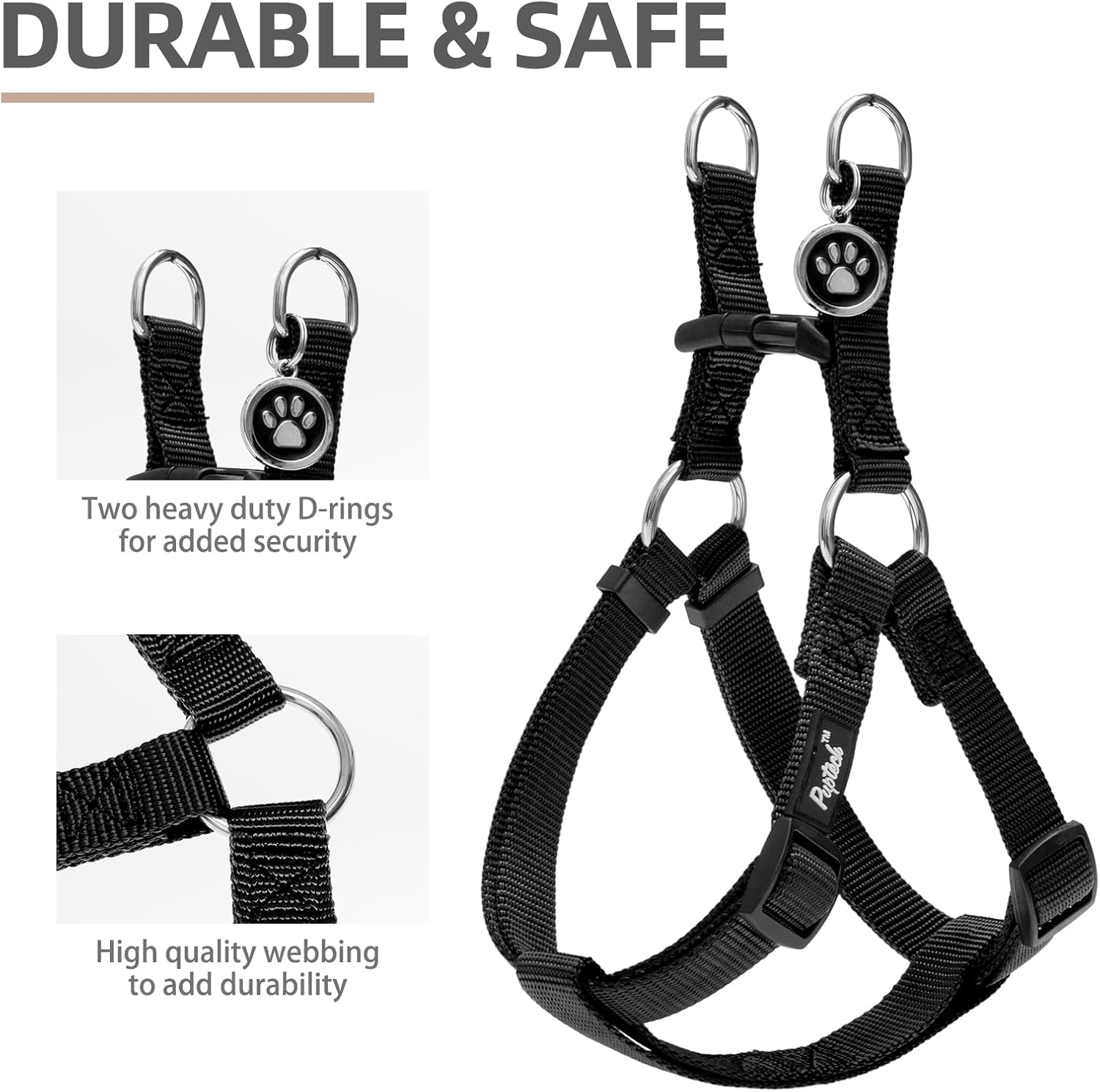 PUPTECK No Pull Dog Harness Soft Adjustable Basic Nylon Step in Puppy Vest Outdoor Walking with ID Tag and A-ir Tag Case, Black, M