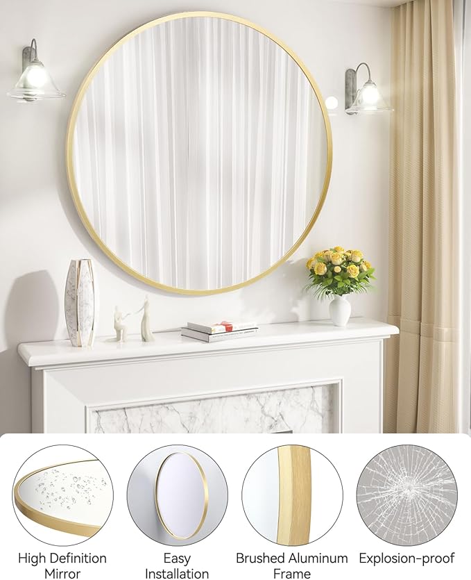 Gold Circle Mirror for Bathroom, 24 inch Circle Mirror, HD Eco-Friendly Round Bathroom Mirror for Over Sink, Matte Gold Metal Framed Wall Mirror for Wall, Vanity, Living Room, Easy to Install