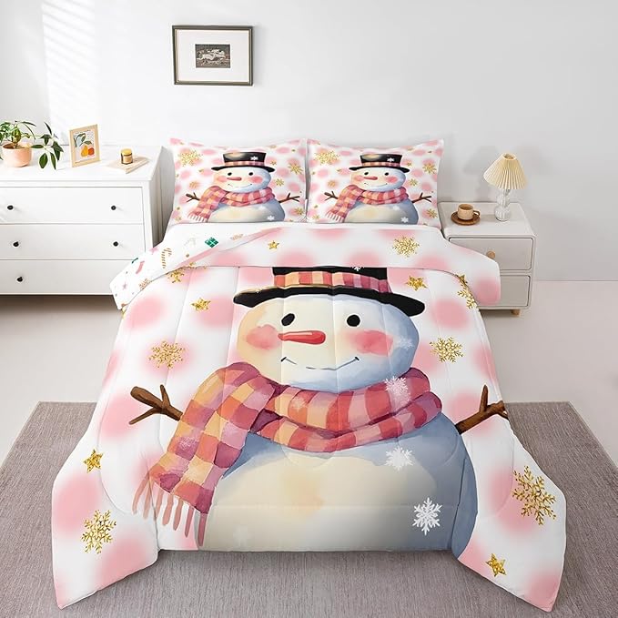 Feelyou Kids Merry Christmas Decorations Full Size Comforter Set Xmas Snowman Bedding Set Pink Quilt Set Soft Warm Lightweight Duvet Set