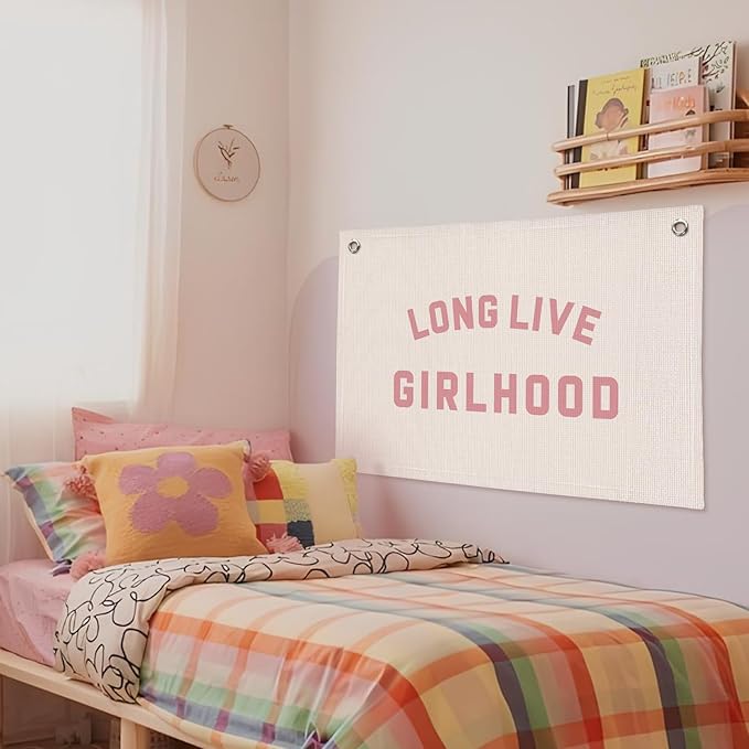 Long Live Girlhood Banner, Girls Baby Nursery Decor, Toddler Girl Room Decor, Pink Girls Room Wall Decor, 30x20 Inch Linen Wall Hanging Canvas Banner Flag - Pink