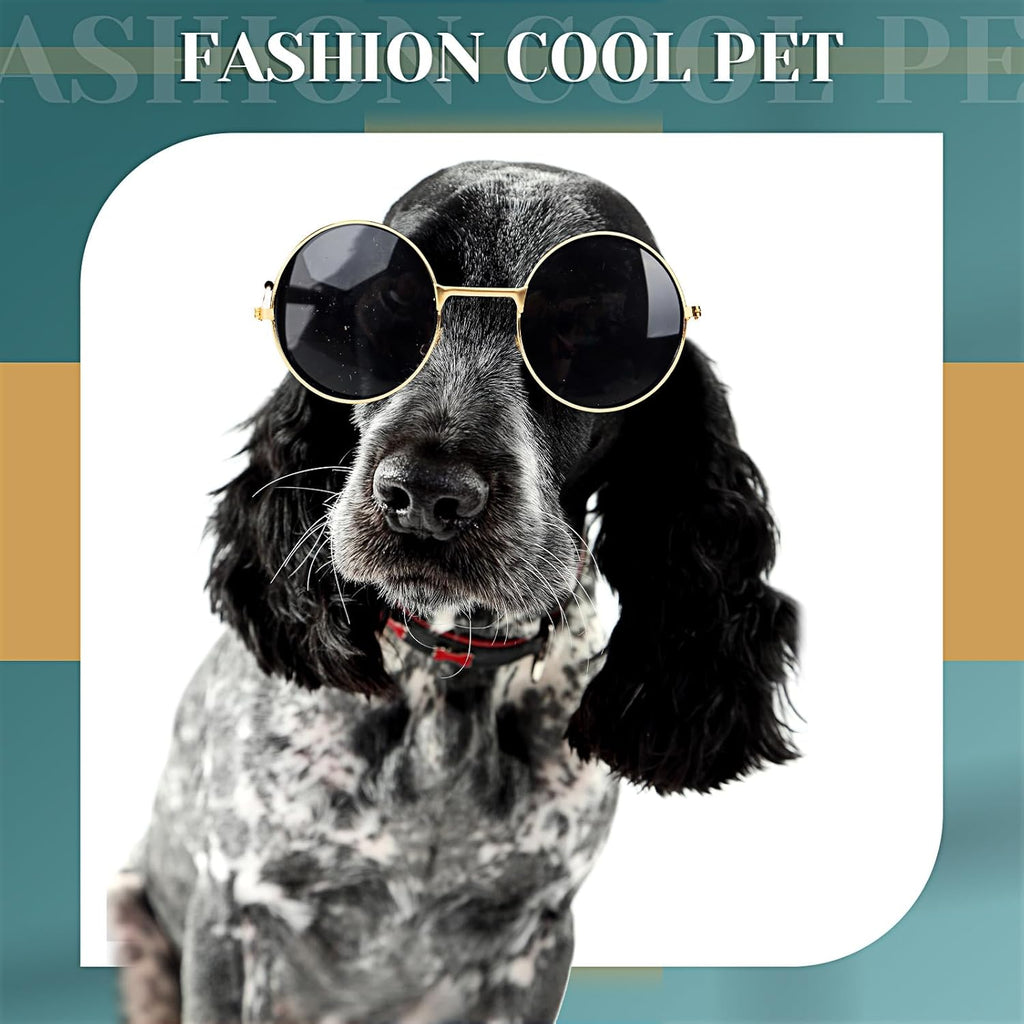 Dog Sunglasses Retro Pet Glasses Doll Glasses Classic Round Dog Glasses Metal Cat Puppy Eye Wear Hippie Costumes for Cats and Dogs, Photos Props Cosplay Party Costume (Gold, Black,Modern Style)