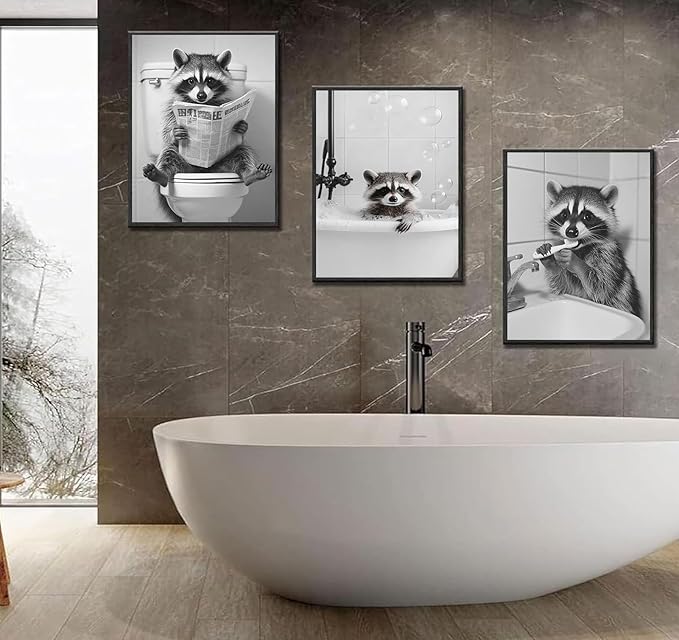 Funny Raccoon Bathroom Canvas Wall Art Black and White Cute Raccoon Sitting on Toilet Poster Print Artwork Humor Adorable Animals Pictures Wall Decor for Washroom Restroom laundry 12x16in Unframed