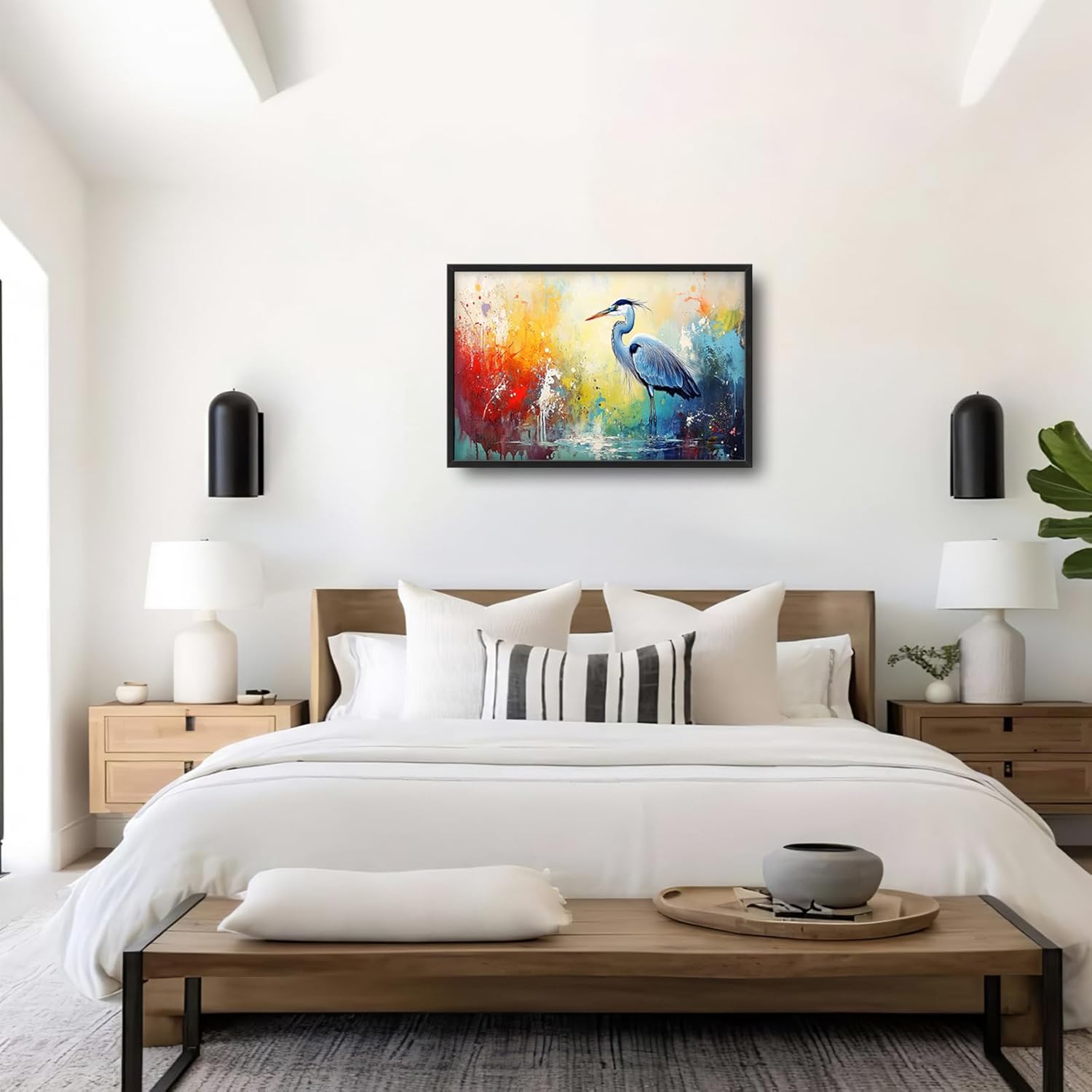 Extra Large Framed Abstract Heron Wall Art,Oversized Colorful Graffiti Heron Wall Decor Pictures for Living Room,Canvas Print Painting Modern Artwork Bedroom Office Bathroom Home Decor 36L x 24W
