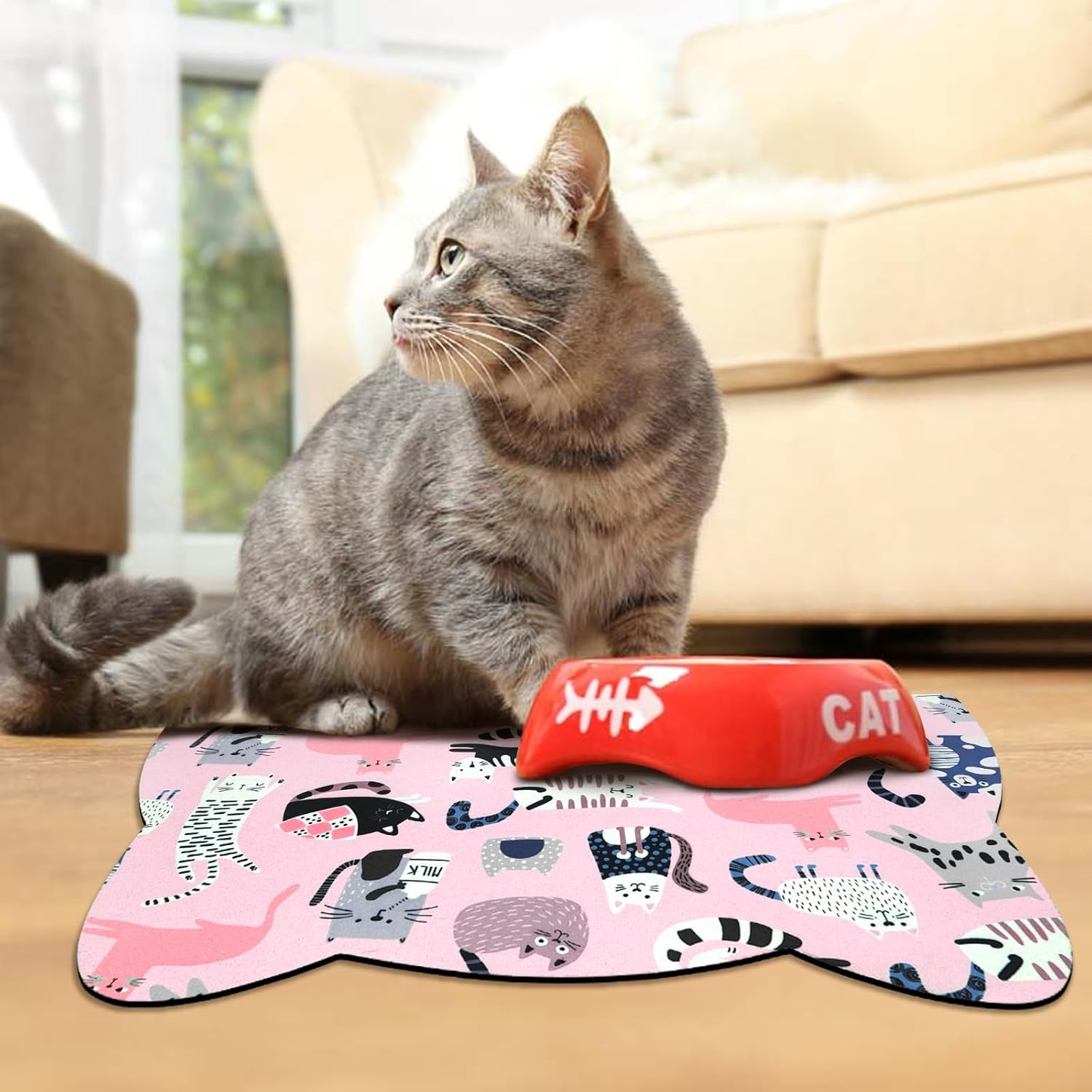 Cat Food Mats for Floor, Dog Water Bowl Mats Pet Feeding Absorbent Placemats for Food and Water Pink 17.7 * 9.8 inch