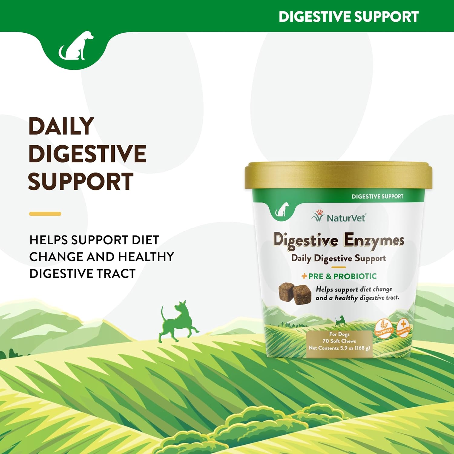 NaturVet – Digestive Enzymes - Plus Probiotics & Prebiotics – Helps Support Diet Change & A Healthy Digestive Tract – for Dogs (Soft Chews, 70 Count)