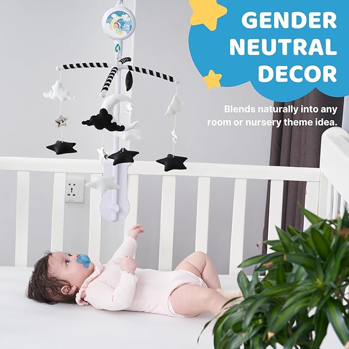Starry Night Mobile - Cloud and Star Mobile with 12 Piano Lullabies - Black and White Baby Crib Mobile for Boys & Girls