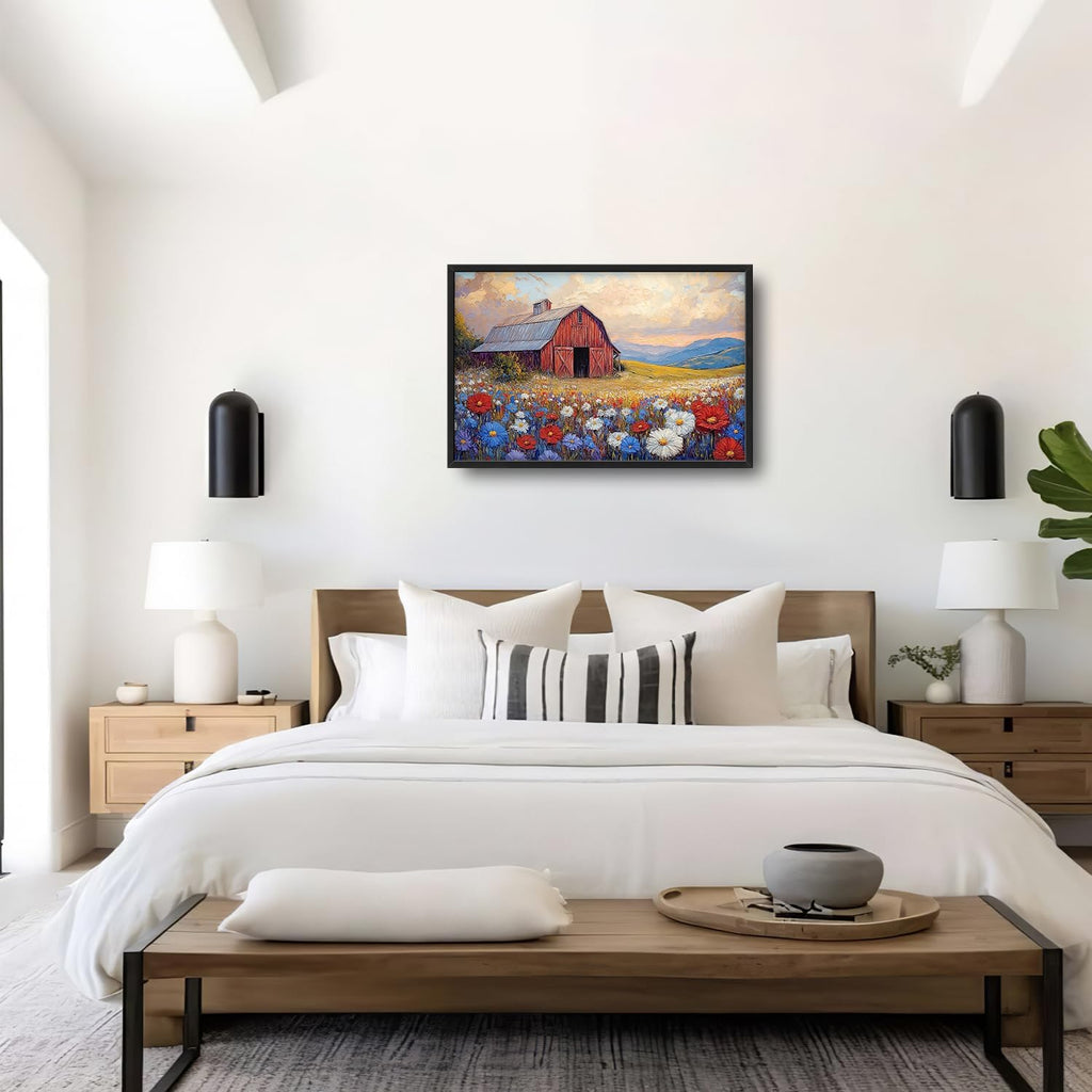 Large Farmhouse Barn Daisy Wall Art for Living Room, Floral Landscape Canvas Oversized Wall Decor, Flower Scenery Framed Pictures Painting Print Artwork for Bedroom Office 36"L x 24"W