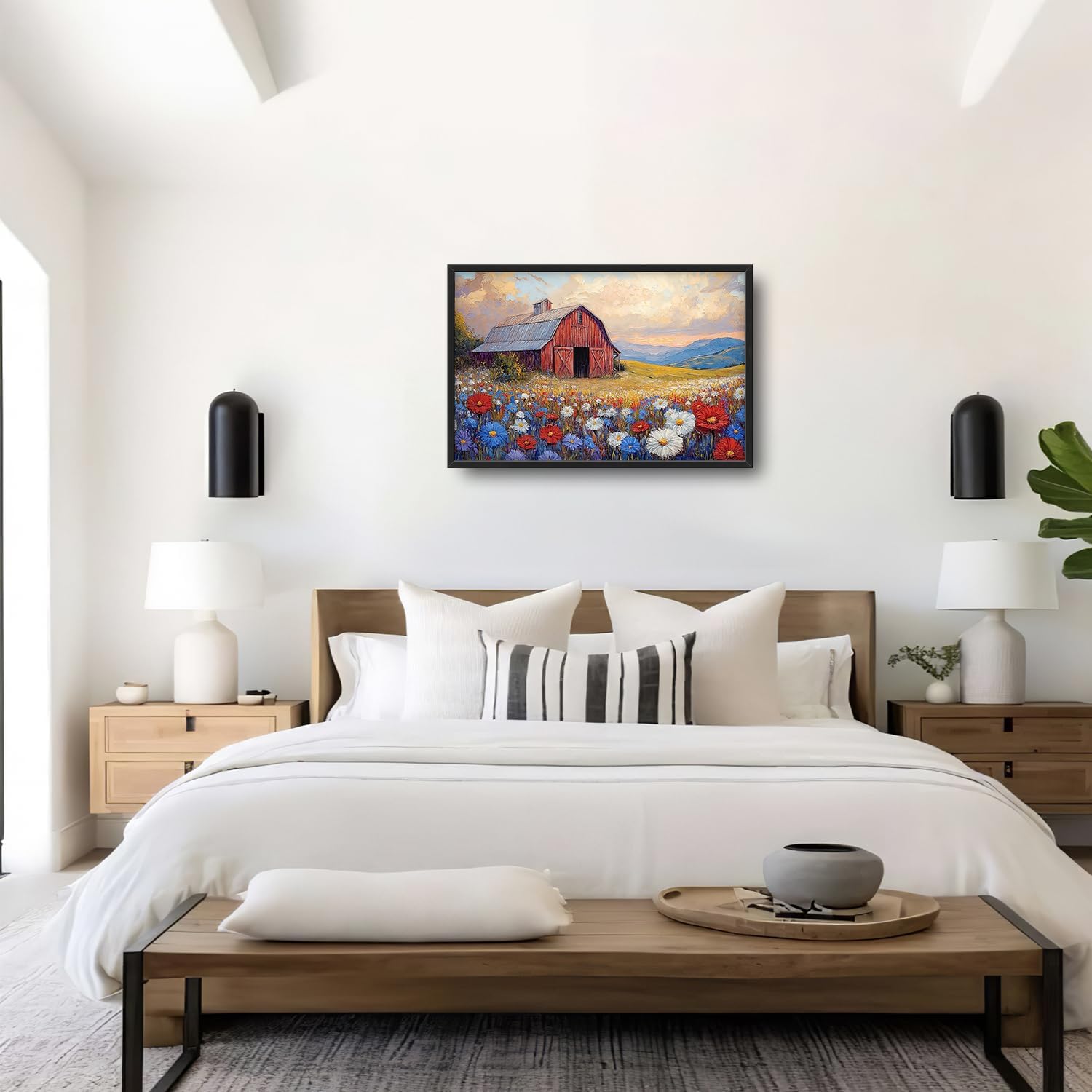 Large Farmhouse Barn Daisy Wall Art for Living Room, Floral Landscape Canvas Oversized Wall Decor, Flower Scenery Framed Pictures Painting Print Artwork for Bedroom Office 36"L x 24"W
