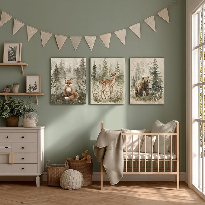 kilamino Framed Woodland Animal Nursery Wall Art, Cute Fox Bear Deer Wall Decor, Neutral Wildlife Animal Art Prints, Funny Nature Forest Animal Canvas Paintings for Baby Room Playroom 12"x16"x3