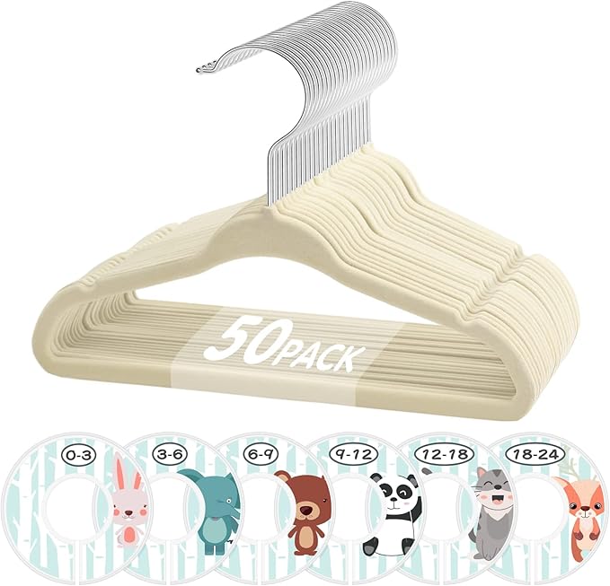 VIS'V Baby Hangers, 11 Inch Velvet Kids Hangers with 6 Pcs Clothes Size Dividers, Infant Toddler Nursery Closet Organization, Non Slip, Beige, 50 Pcs
