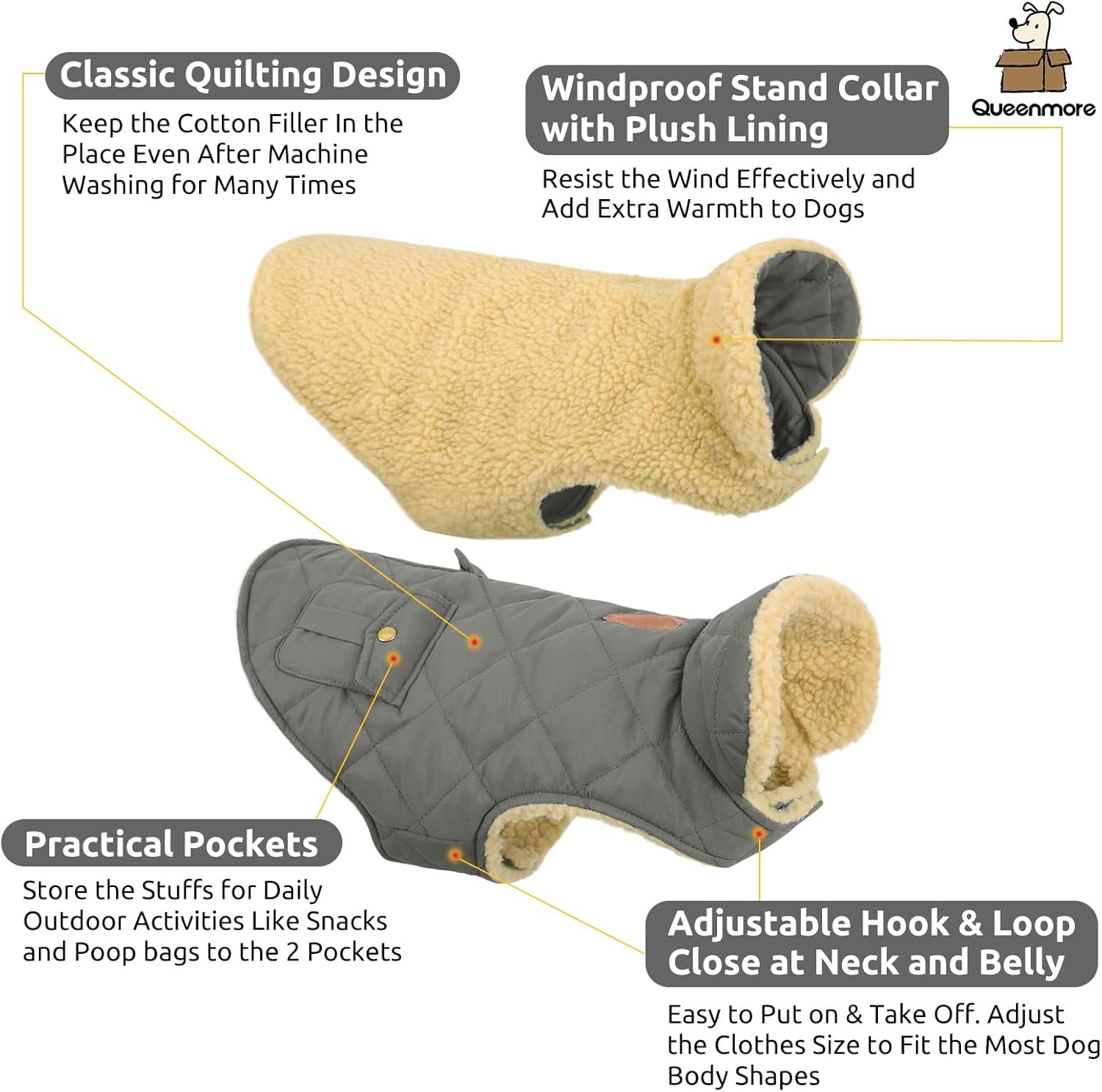 Queenmore Dog Winter Coat - Fleece Jacket, Waterproof Cold Weather Dog Clothes, Thick Warm Cotton Padding, Easy On Storage Pockets (Grey, Small)