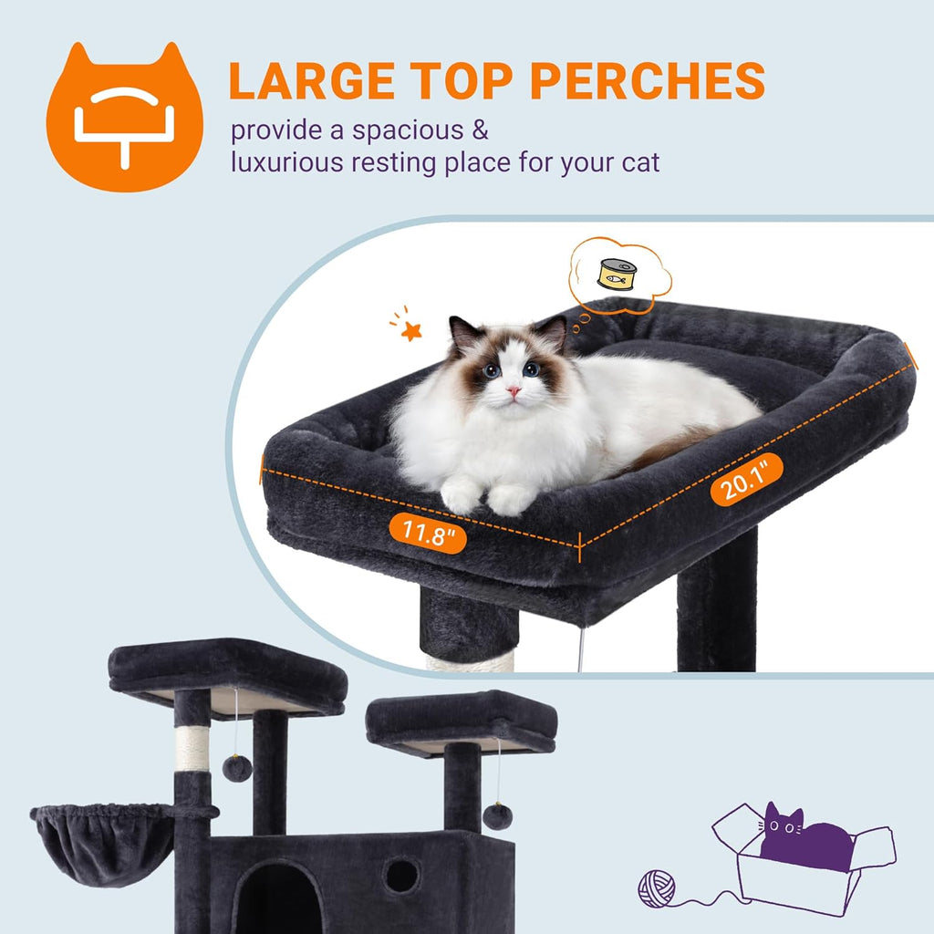 Allewie 81 Inches Tall Cat Tree/Multi-Level Large Climbing Tree House and Towers for Big Feline/Condo and Hammock/Scratching Post/Wide Base/Dark Grey