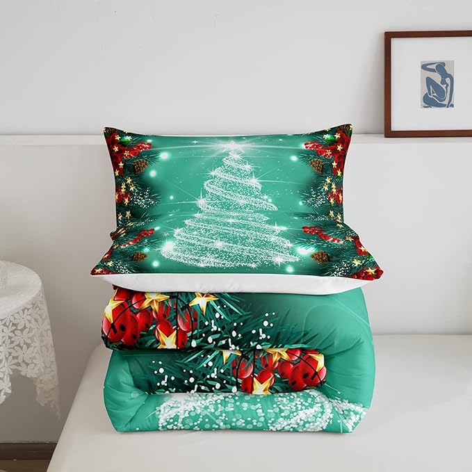 Feelyou Merry Christmas King Size Comforter Set Kids Santa Tree Glitter Bedding Comforter for Boys Girls Xmas Christmas Bell Decor,1 Comforter + 2 Pillow Cases