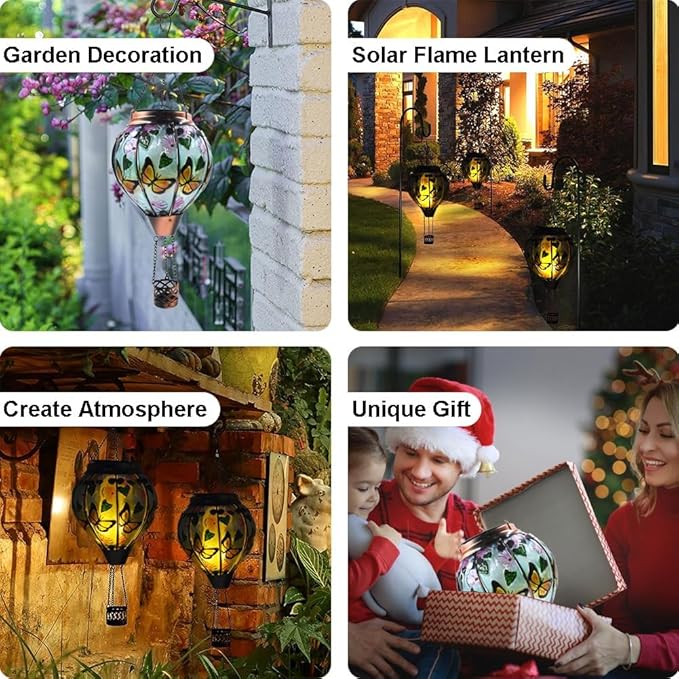 Hot Air Balloon Solar Lantern, Glass Hanging Solar Lantern with Flickering Flame Lights for Outdoor Garden Decoration (Butterfly 2PC)