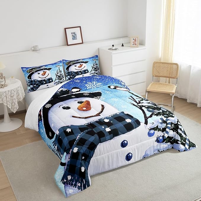 Feelyou Kids Christmas Theme Decorations Bedding Set Xmas Snowman Comforter Set for Boys Girls Snowflake Kawaii Cute Comforter Gradient Blue Quilt Set Bedroom Collection Toddler Size