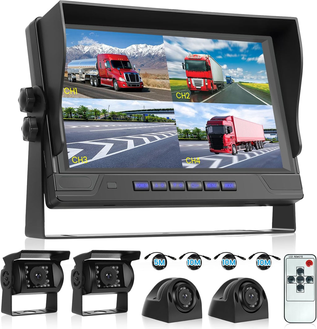 RV Backup Camera System 1080P, Hodozzy 9 Inch 4 Split Screen Monitor System, Waterproof 4 Reverse Cameras Night Vision Reversing Camera Kit for Car Truck/Trailer/Bus Truck/RV, DVR Loop Recording