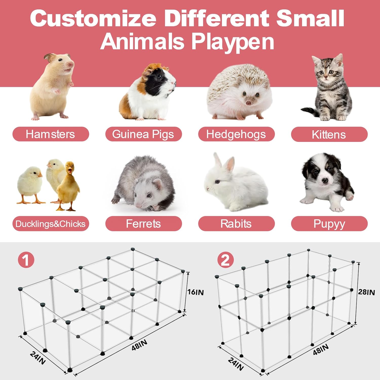 24 Panels Portable Small Animals Playpen,48"x 24"x 28" Transparent Pet Playpen,Portable Plastic Enclosure,Puppy Play Pen for Indoors Outdoor Pet Fence for Guinea Pigs,Bunny,Ferrets,Hamsters,Hedgehogs