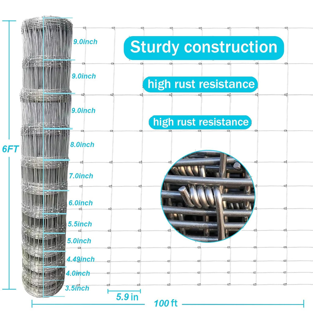 Farm Fence 6ft x 100ft Heavy Zinc Coating Field Wire Fencing, Deer Fence, Galvanized Livestock Fence,Goat Fence,Hog Wire Fencing, Garden Fencing Used to Yard and Garden