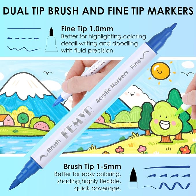 120 Colors Brush & Fine Tip Acrylic Paint Pens, Dual Tip Acrylic Paint Markers for Paper, Wood, Canvas, Stone, Rock, Glass, Fabric, DIY, Ceramic, Art Supplies for Adults Drawing