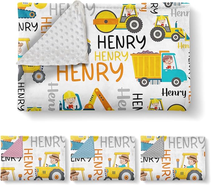 Personalized Baby Blankets for Boys, Custom Name Blanket Birthday Gift for Kid, Soft Flannel Blanket with Dotted Backing for Infants Toddlers, Customized Gifts, Yellow Truck(47" x60)