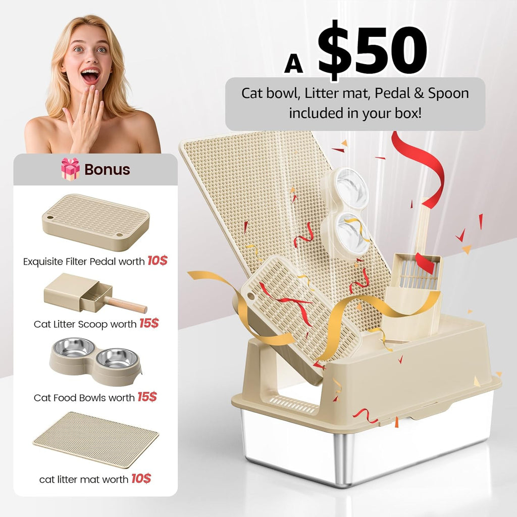 Stainless Steel Cat Litter Box - Enclosed XL Metal Kitty Litter Box with Lid for Big Cats, High Sided, Anti-Leakage, Easy Cleaning, Non-Sticky, Included Spoon & Aisle (Khaki)