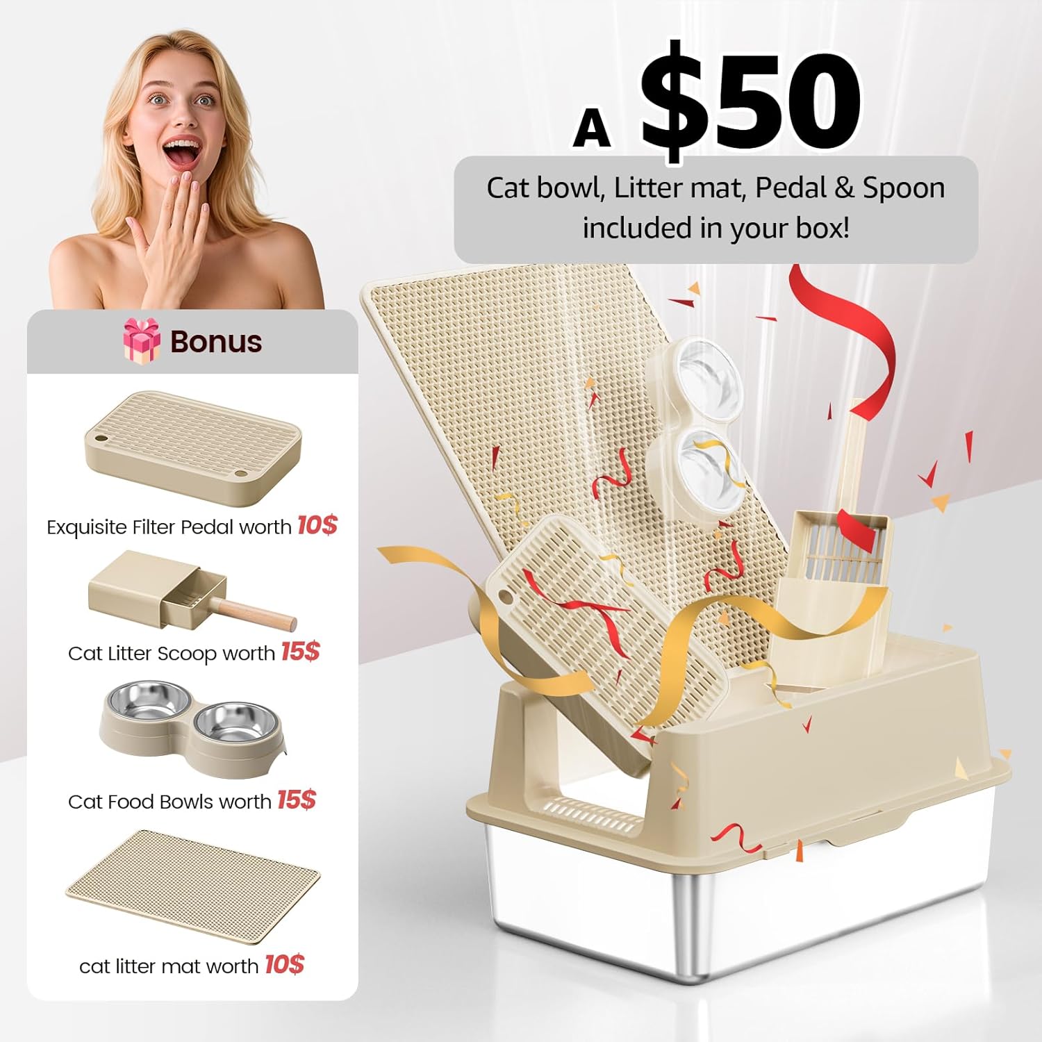 Stainless Steel Cat Litter Box - Enclosed XL Metal Kitty Litter Box with Lid for Big Cats, High Sided, Anti-Leakage, Easy Cleaning, Non-Sticky, Included Spoon & Aisle (Khaki)