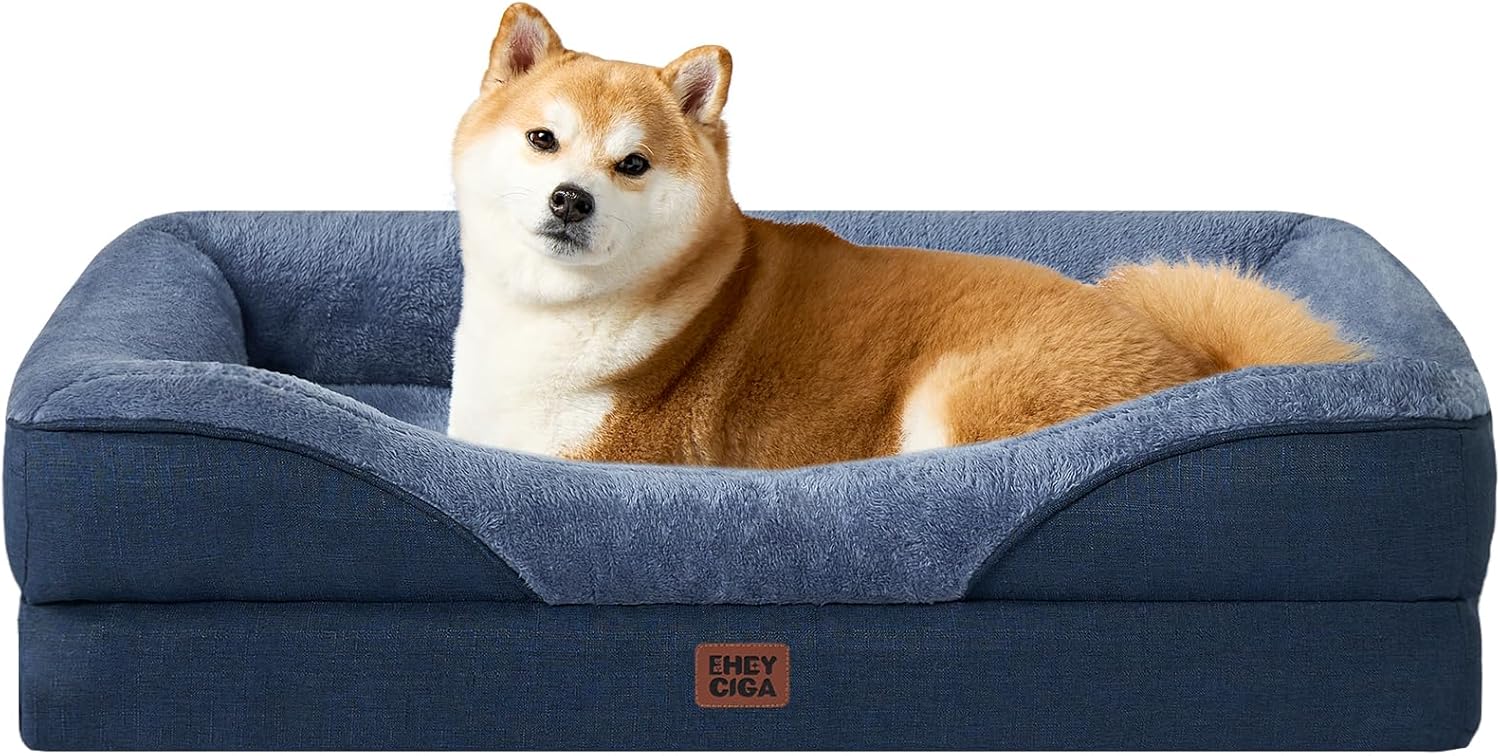 EHEYCIGA Memory Foam Dog Bed for Medium Size, Orthopedic Dog Sofa with Sides and Waterproof Liner, Washable Bolster Pet Couch with Removable Cover, 35x22x6.5 Inch, Navy