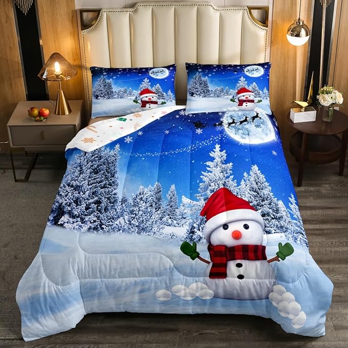 Feelyou Christmas Twin Size Comforter Set Snowman Decorations Bedding Set for Kids Boys Girls Xmas Winter Decor Blue Quilt Room 2Pcs