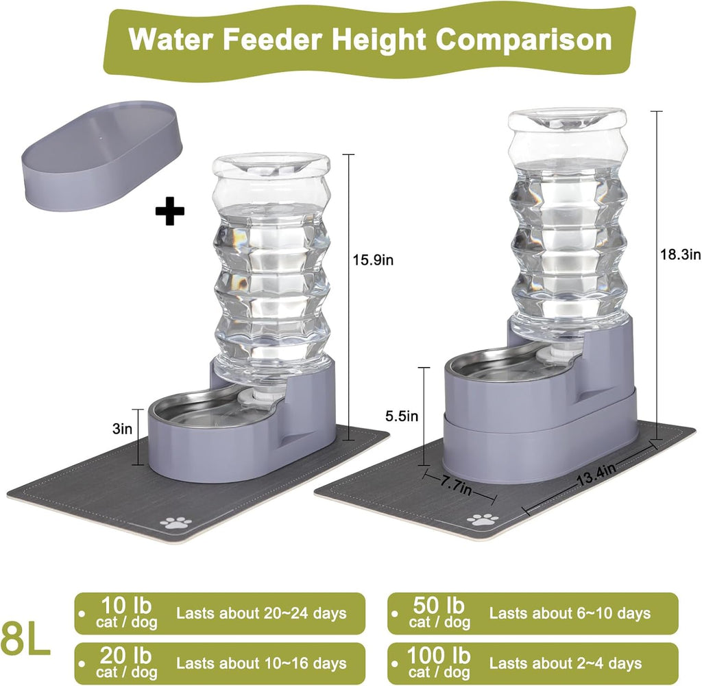 RIZZARI Large Water Dispenser for Dogs: 8L Automatic Stainless Steel Gray Gravity Raised Pet Feeder for Pet Dogs Indoor/Outdoor