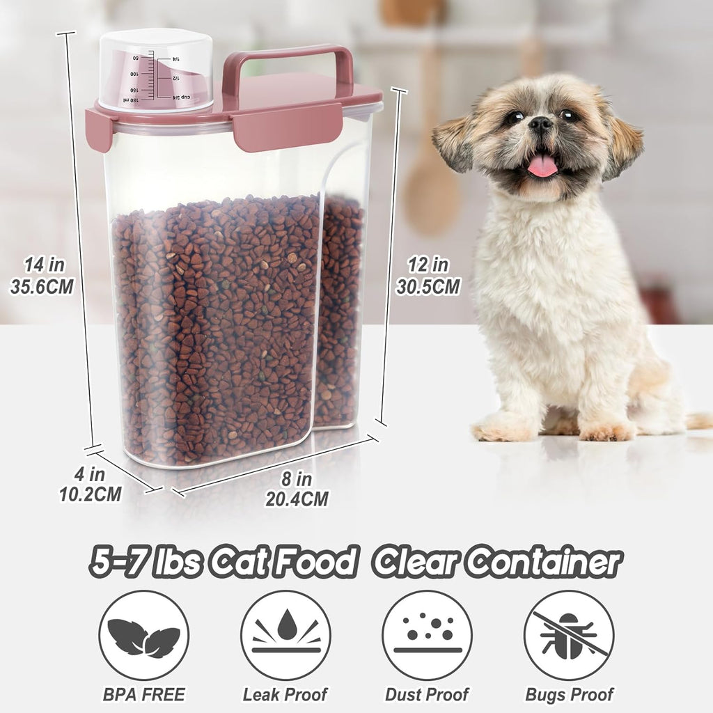 5-7Lbs Cat Dog Storage Container, Portable Pet Food Containers with Upgraded Large Spout and Cup, Small Animal Kibble Dispenser for Bird Seed, Oatmeal, Rice, Flour (2, Pink+Lake Blue, 5L)