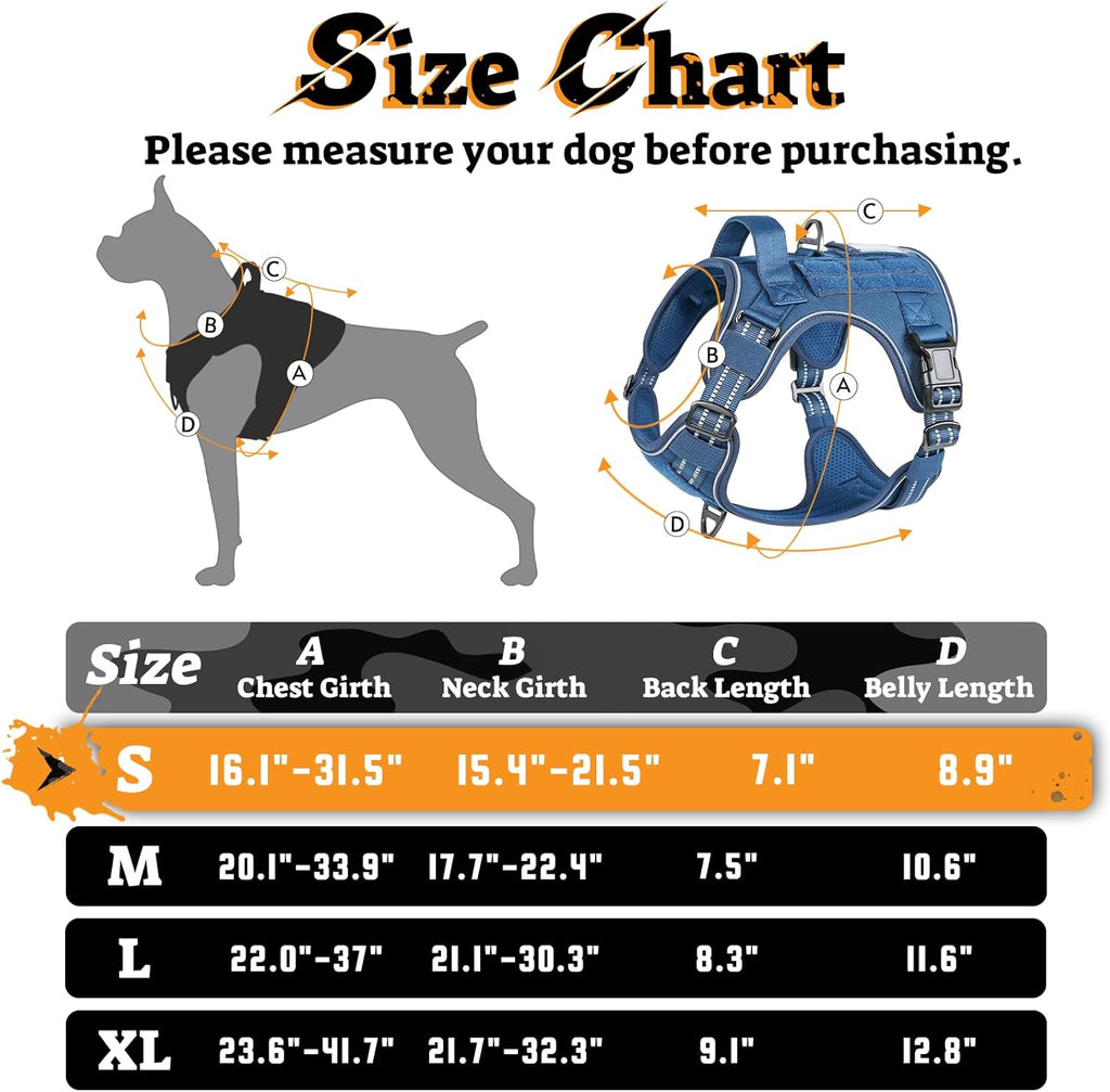 rabbitgoo Dog Harness Small Sized No Pull, Tactical Service Pet Vest with Molle and Control Handle, Adjustable and Reflective Military Harness for Easy Walking and Training, Blue, S