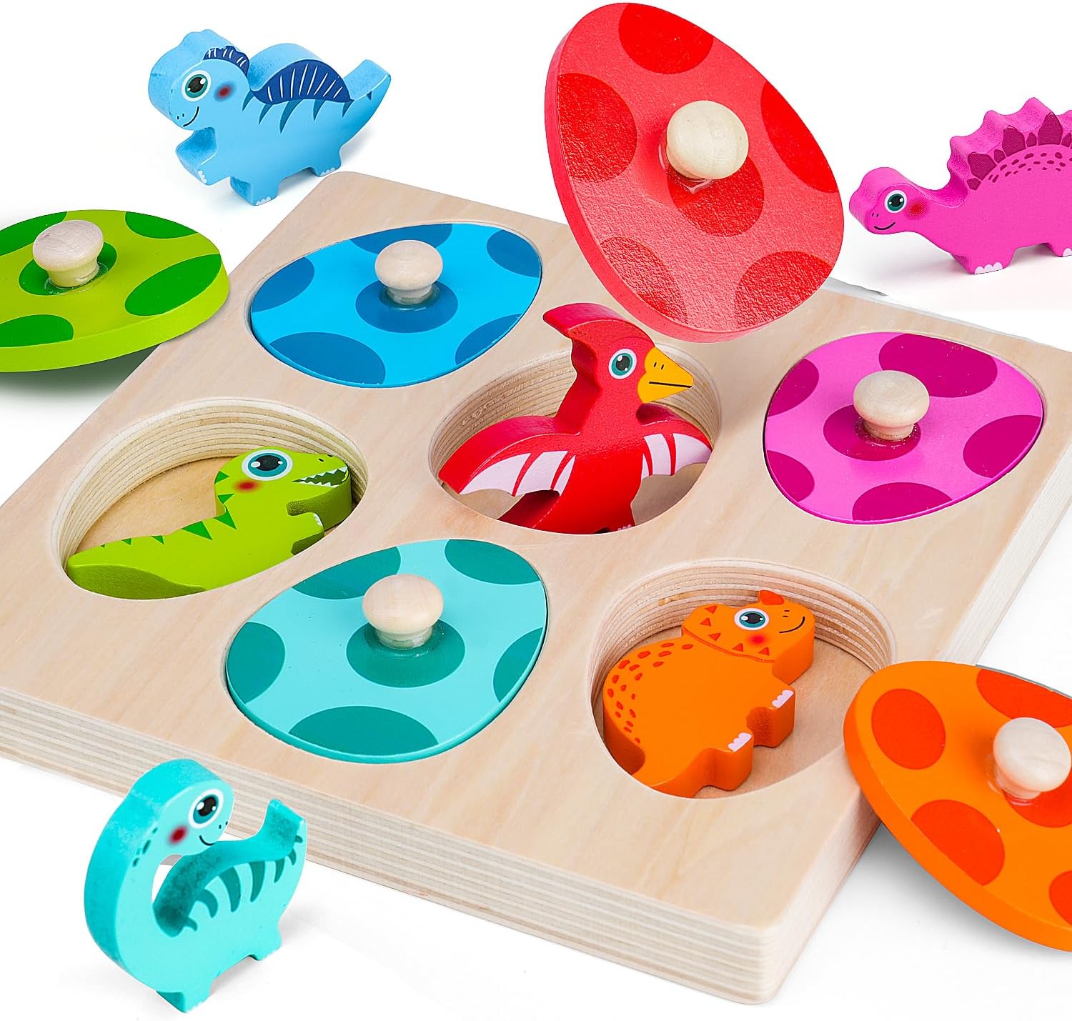 Dinosaur Wooden Toddler Puzzle 1-3, Montessori Toys for 1 2 3 Year Old, Dinosaur Eggs Peg Puzzles, Kid Wooden Puzzles Ages 2-4, Dinosaur Toy for Toddler Kid, Preschool Education Learning Toys